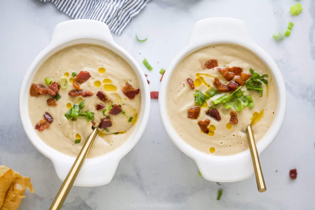 Landscape photo of creamy cauliflower soup.